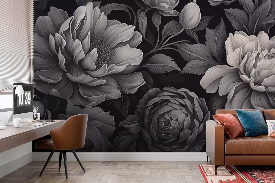murais de parede Flores pretas e cinzas em um fundo escuro w02575