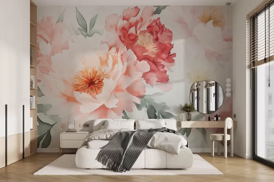 murais de parede Peônias grandes e delicadas em aquarela w08571