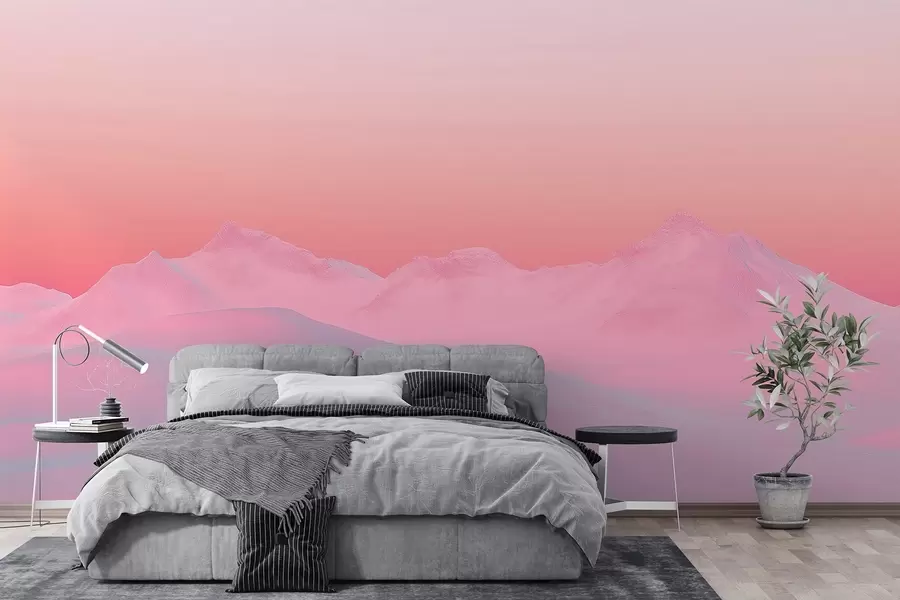 murais de parede Pôr do sol suave de framboesa contra o pano de fundo das montanhas e do céu w02234