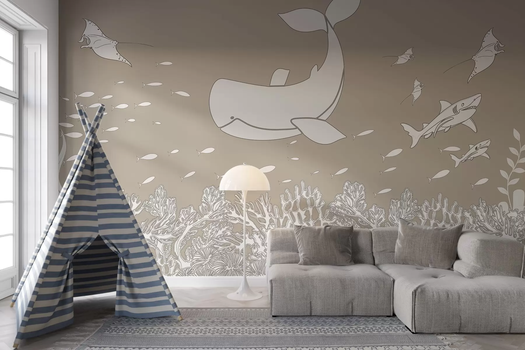murais de parede Journey with the Whale (Viagem com a baleia), tom bege w02645