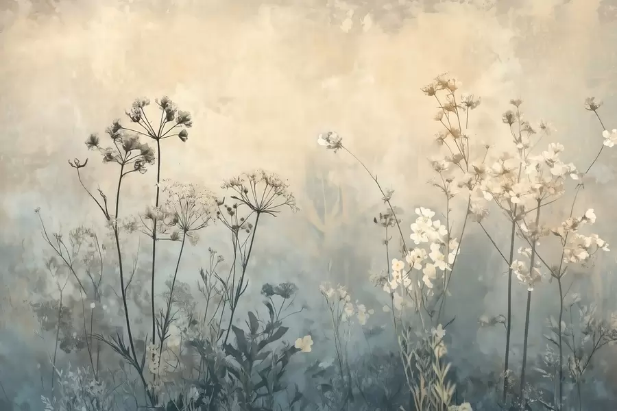 murais de parede papel de parede em estilo ecológico com flores silvestres e plantas em um fundo texturizado w02685