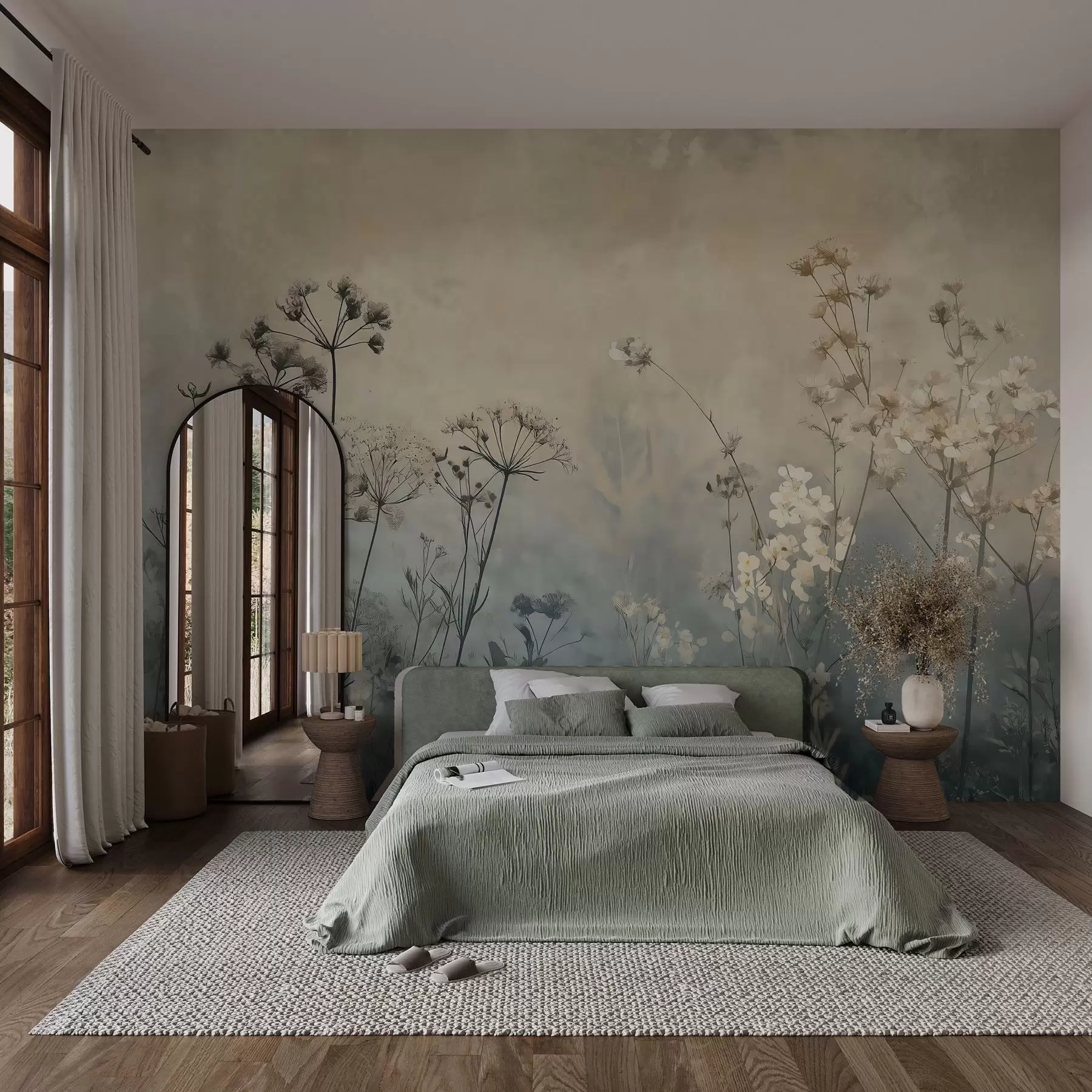 murais de parede papel de parede em estilo ecológico com flores silvestres e plantas em um fundo texturizado w02685