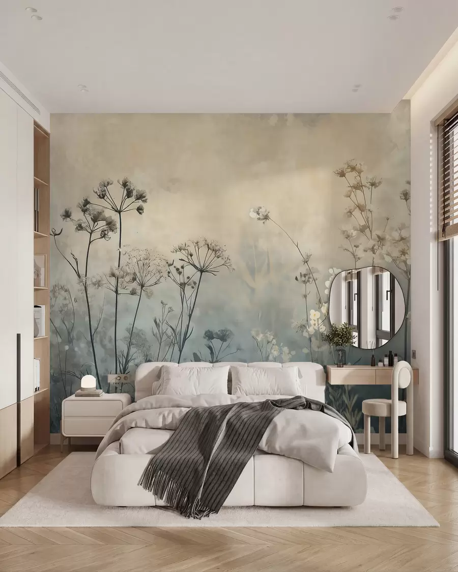 murais de parede papel de parede em estilo ecológico com flores silvestres e plantas em um fundo texturizado w02685