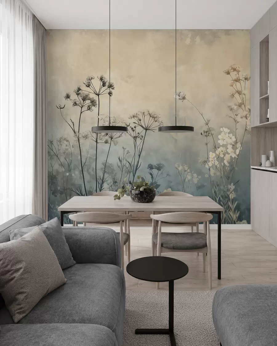 murais de parede papel de parede em estilo ecológico com flores silvestres e plantas em um fundo texturizado w02685