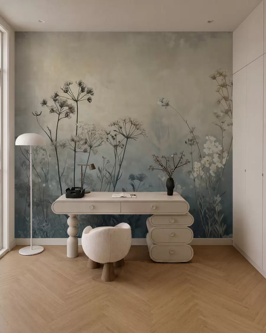 murais de parede papel de parede em estilo ecológico com flores silvestres e plantas em um fundo texturizado w02685