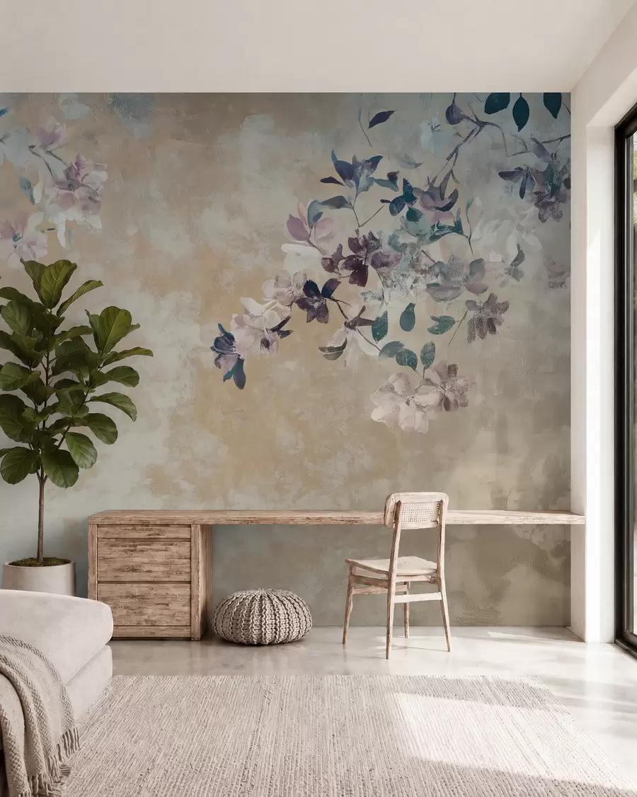 murais de parede papel de parede em estilo retrô com galhos e flores w02686
