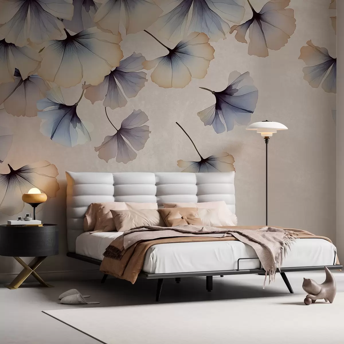 murais de parede Folhas de ginkgo em tons pastéis de azul e bege com pétalas delicadas flutuando no ar em um fundo texturizado w08578