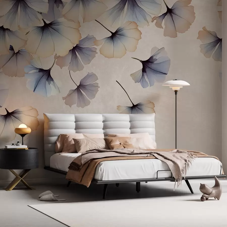 murais de parede Folhas de ginkgo em tons pastéis de azul e bege com pétalas delicadas flutuando no ar em um fundo texturizado w08578