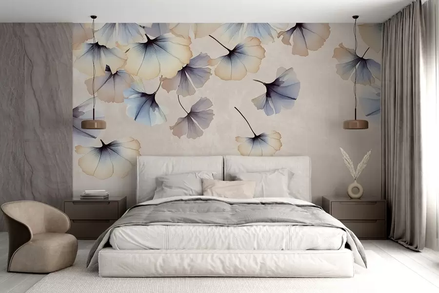 murais de parede Folhas de ginkgo em tons pastéis de azul e bege com pétalas delicadas flutuando no ar em um fundo texturizado w08578