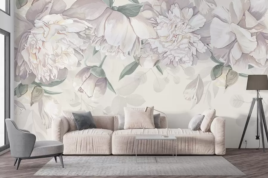 murais de parede Delicadas peônias em tons pastéis de branco e rosa com folhas verdes, dispostas em um fundo floral suave e romântico w08577