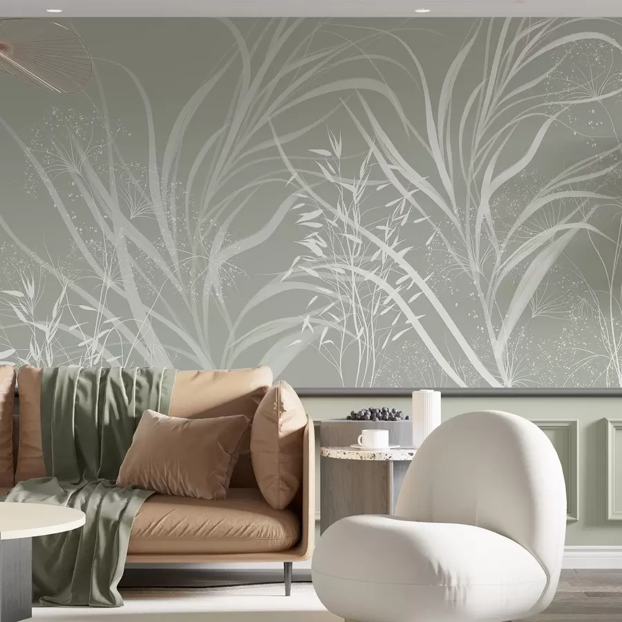 murais de parede Estampa floral branca minimalista e delicada sobre um fundo verde-pastel claro w08583v1