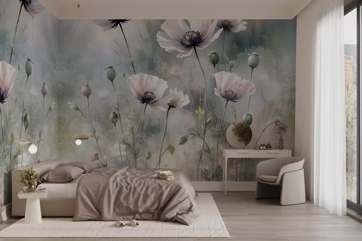murais de parede Delicadas papoulas rosa e roxas com hastes e botões verdes em um fundo texturizado suave e desfocado w08585