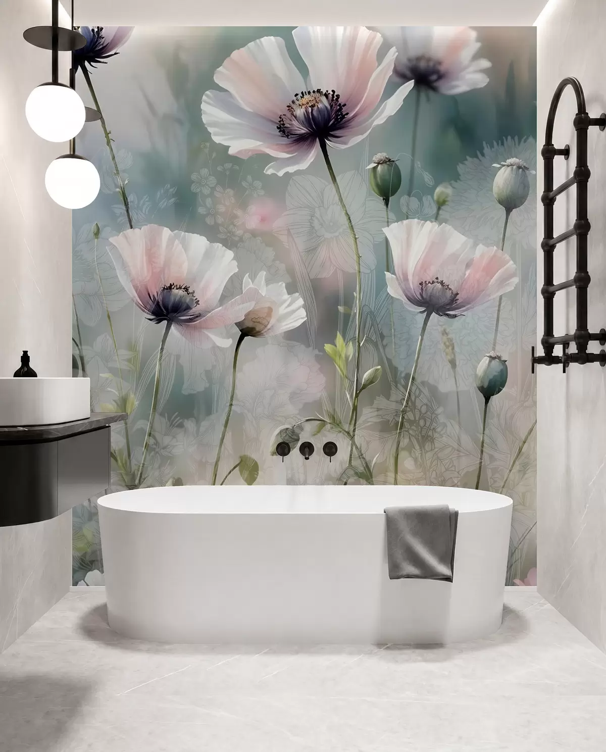murais de parede Delicadas papoulas rosa e roxas com hastes e botões verdes em um fundo texturizado suave e desfocado w08585