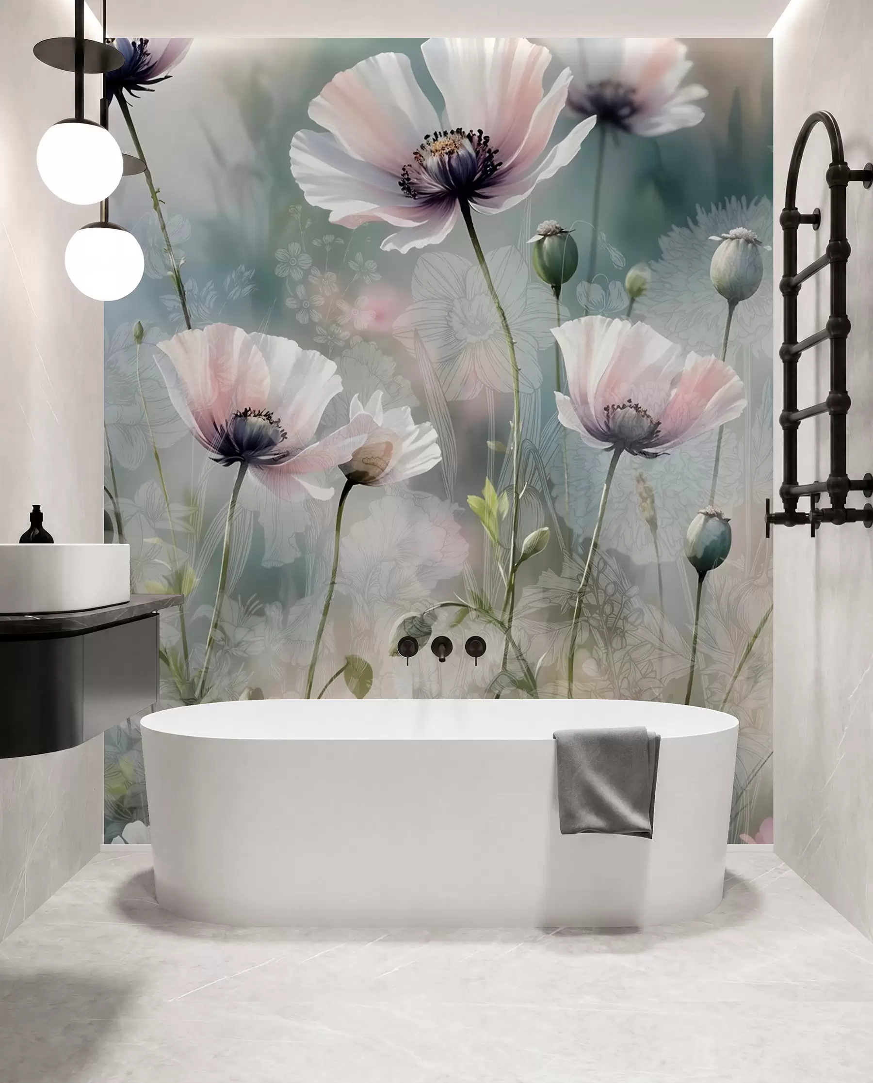murais de parede Delicadas papoulas rosa e roxas com hastes e botões verdes em um fundo texturizado suave e desfocado w08585