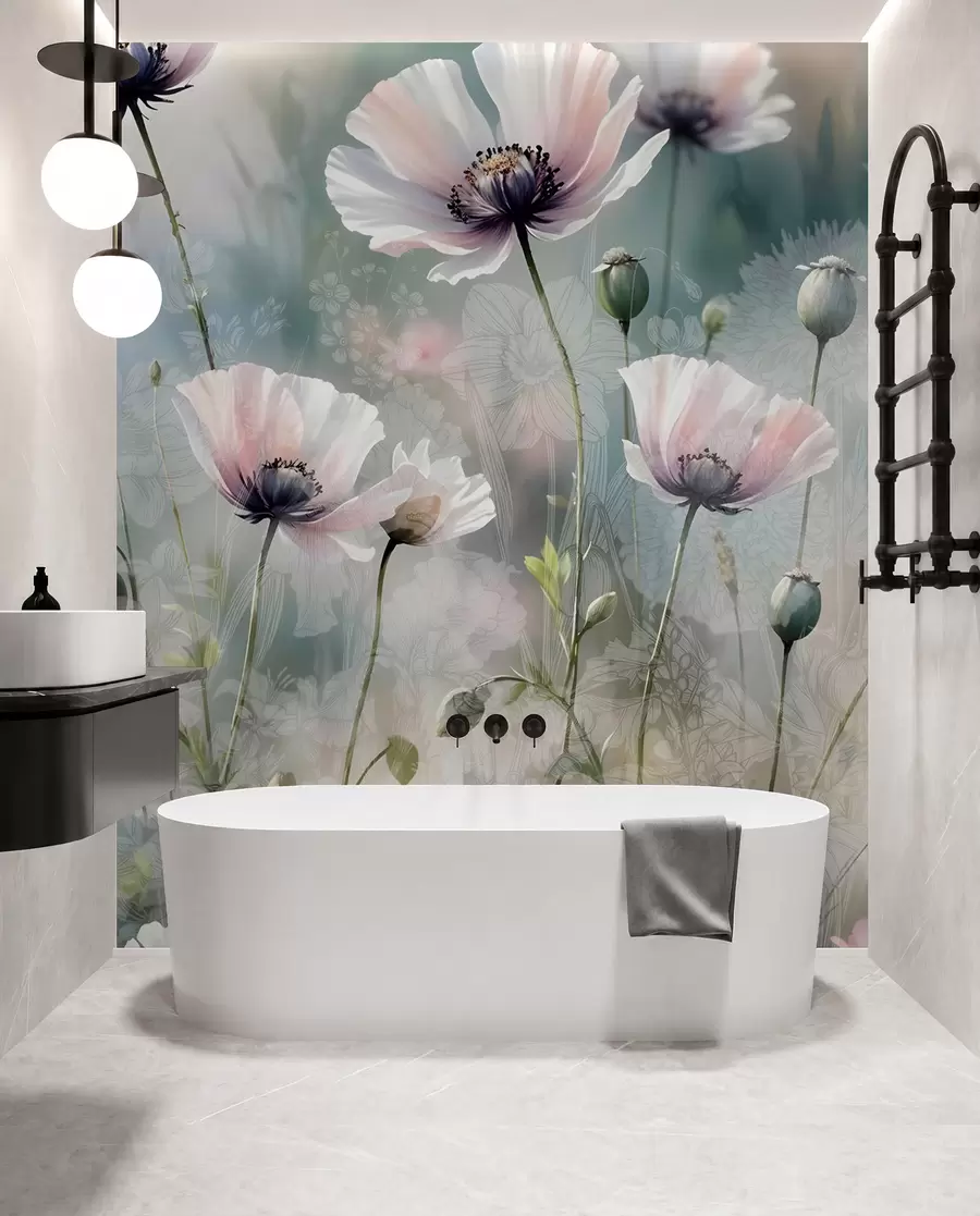 murais de parede Delicadas papoulas rosa e roxas com hastes e botões verdes em um fundo texturizado suave e desfocado w08585