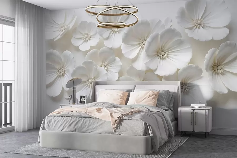murais de parede Flores brancas com pétalas e centros delicados em um fundo claro w08587