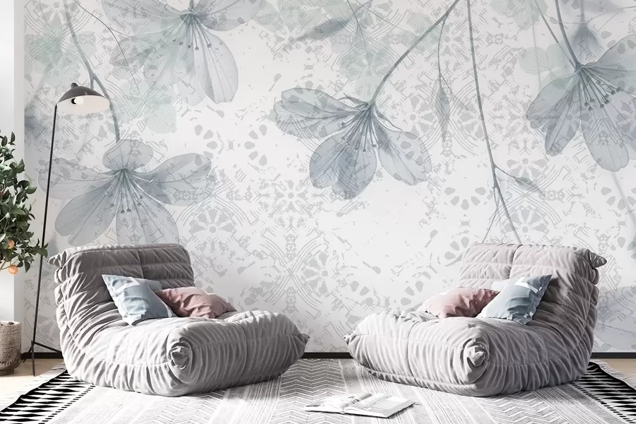 murais de parede Delicadas flores azuis e brancas com longos caules e pétalas em um fundo texturizado suave e desfocado w08588
