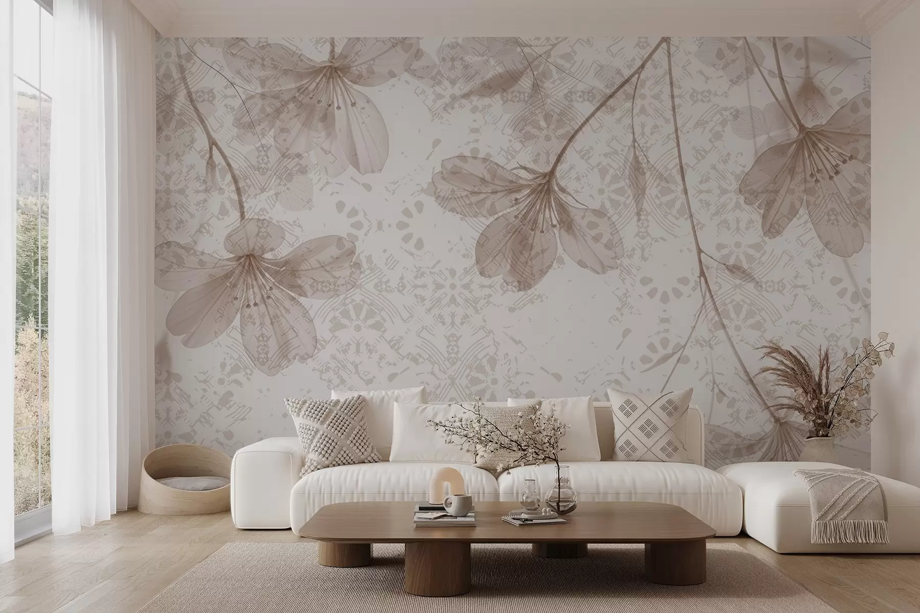 murais de parede Delicadas flores bege e brancas com longos caules e pétalas em um fundo texturizado suave e desfocado w08588v1