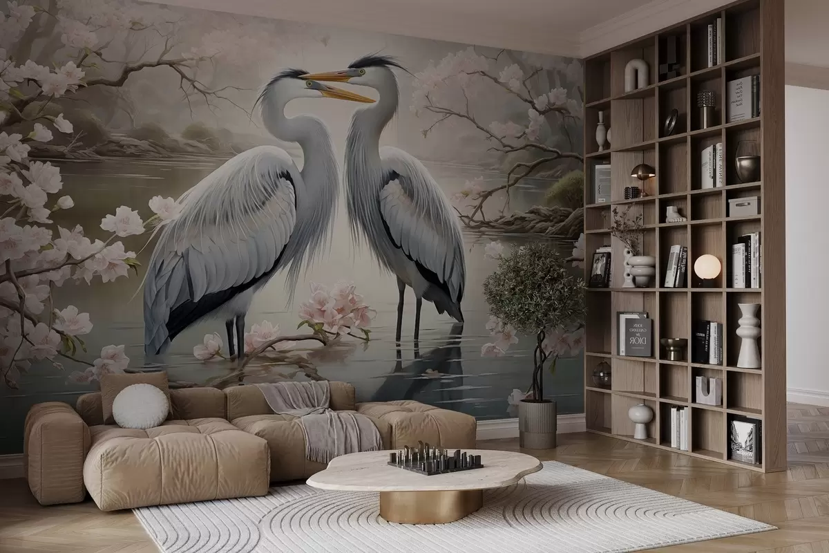 murais de parede Um par de cegonhas em um jardim florido w02621