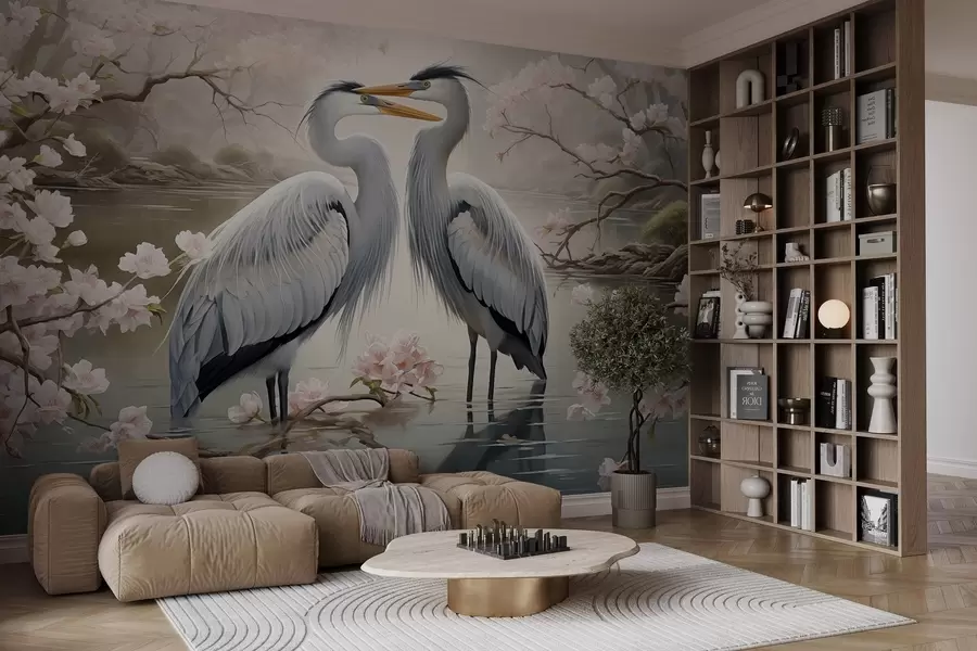 murais de parede Um par de cegonhas em um jardim florido w02621