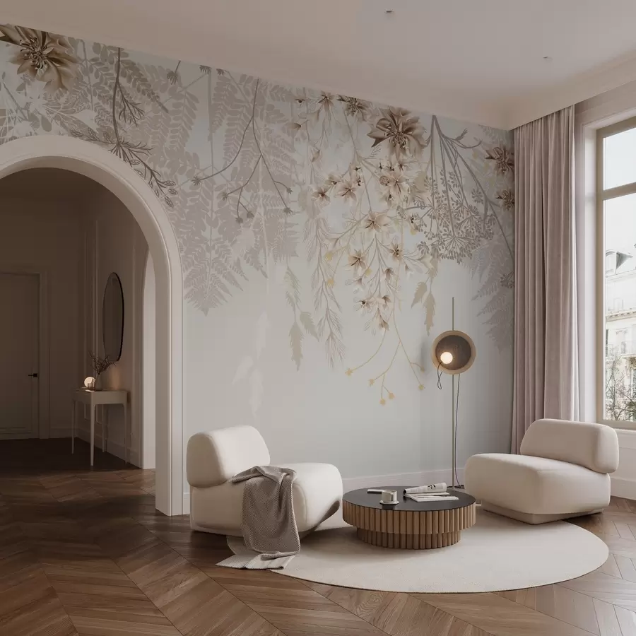 murais de parede Delicados ramos florais e grama com flores brancas, cinza e bege em cascata sobre um fundo claro w08598