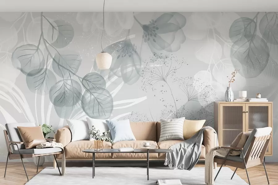 murais de parede Elementos florais de eucalipto em tons de azul e branco com folhas e pétalas sobrepostas em um estilo minimalista w08599