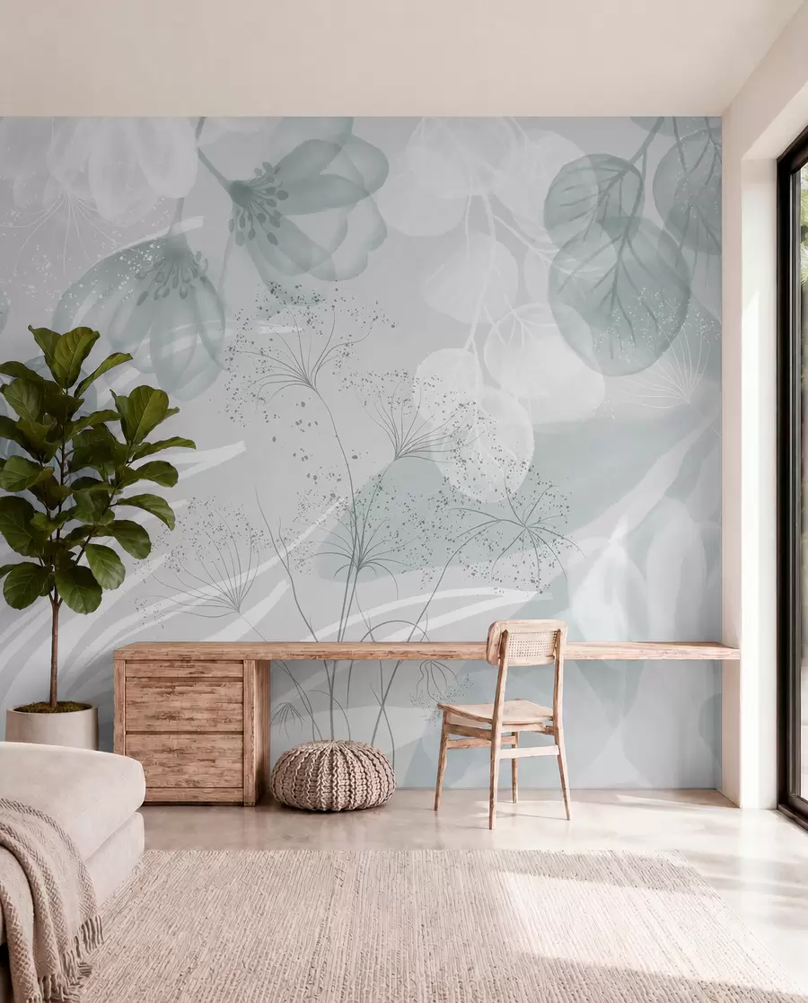 murais de parede Elementos florais de eucalipto em tons de azul e branco com folhas e pétalas sobrepostas em um estilo minimalista w08599