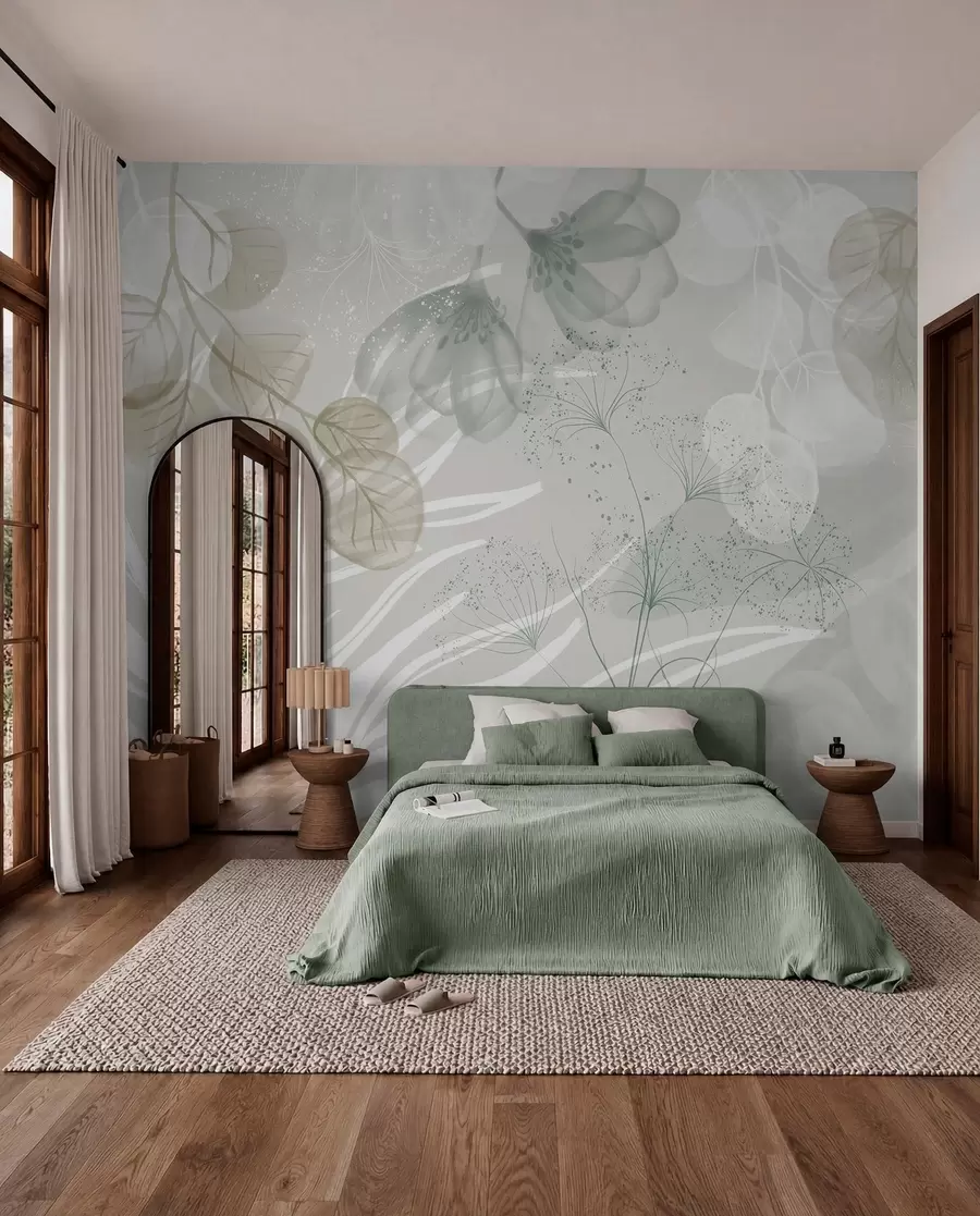 murais de parede Elementos florais de eucalipto em tons de verde e branco com folhas e pétalas sobrepostas em um estilo minimalista w08599v1