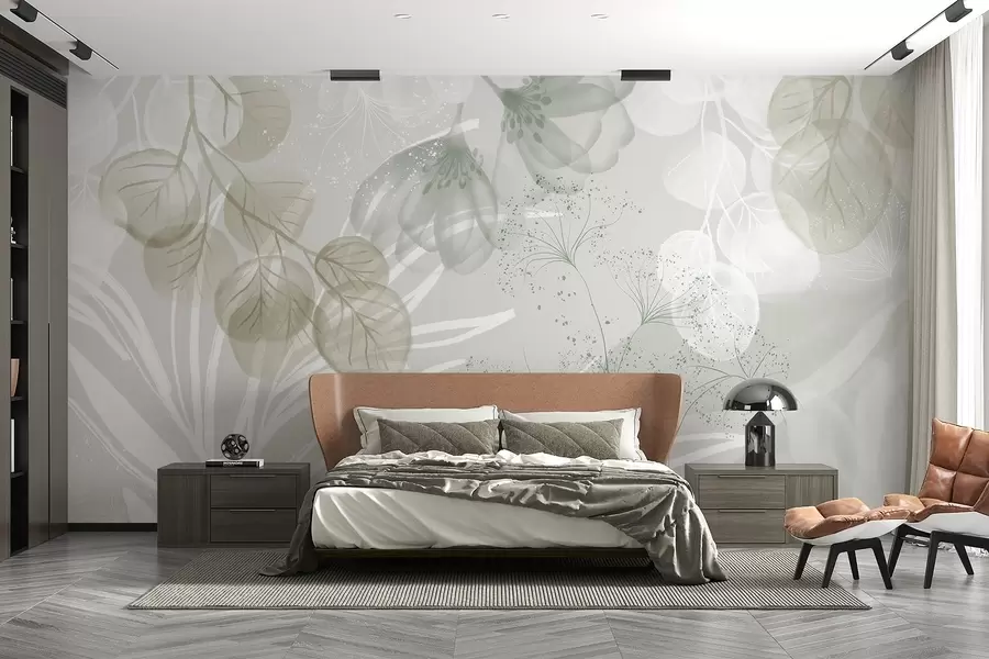 murais de parede Elementos florais de eucalipto em tons de verde e branco com folhas e pétalas sobrepostas em um estilo minimalista w08599v1