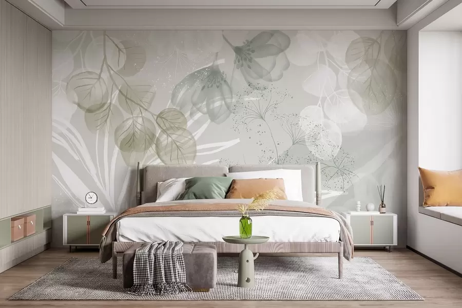 murais de parede Elementos florais de eucalipto em tons de verde e branco com folhas e pétalas sobrepostas em um estilo minimalista w08599v1