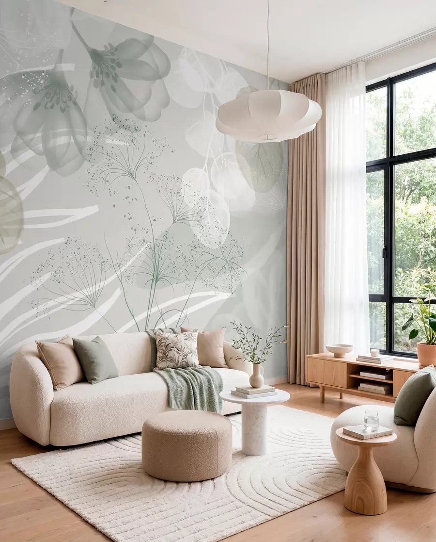 murais de parede Elementos florais de eucalipto em tons de verde e branco com folhas e pétalas sobrepostas em um estilo minimalista w08599v1