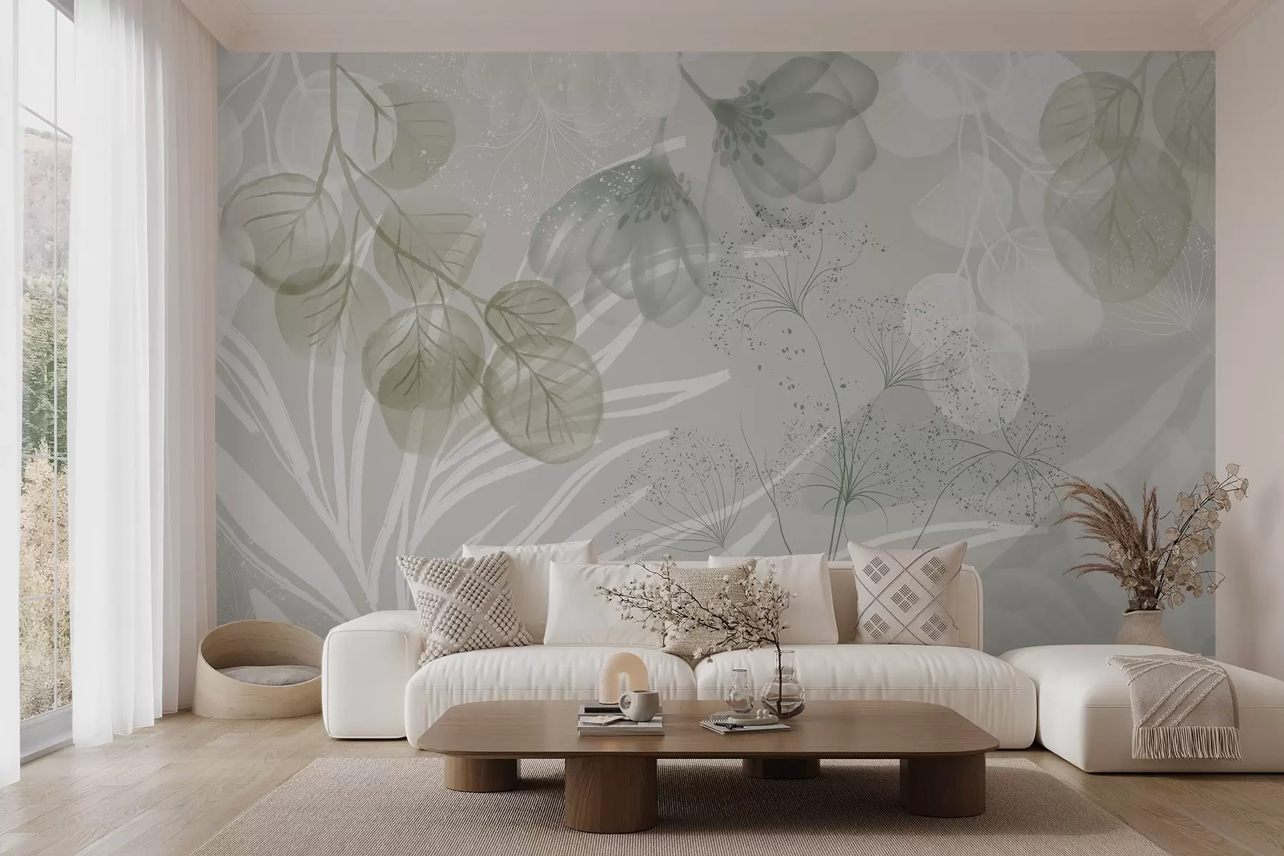 murais de parede Elementos florais de eucalipto em tons de verde e branco com folhas e pétalas sobrepostas em um estilo minimalista w08599v1