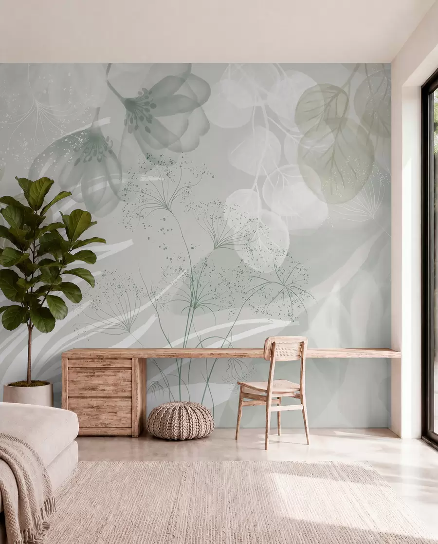 murais de parede Elementos florais de eucalipto em tons de verde e branco com folhas e pétalas sobrepostas em um estilo minimalista w08599v1