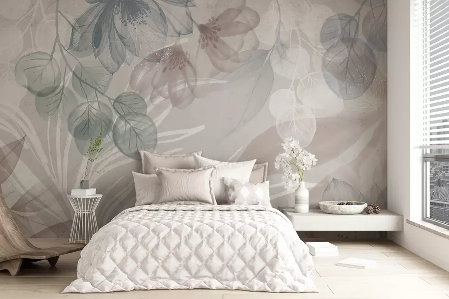 murais de parede Estampa floral em tons pastéis com grandes flores e folhas abstratas transparentes em tons de cinza, rosa e verde w08600