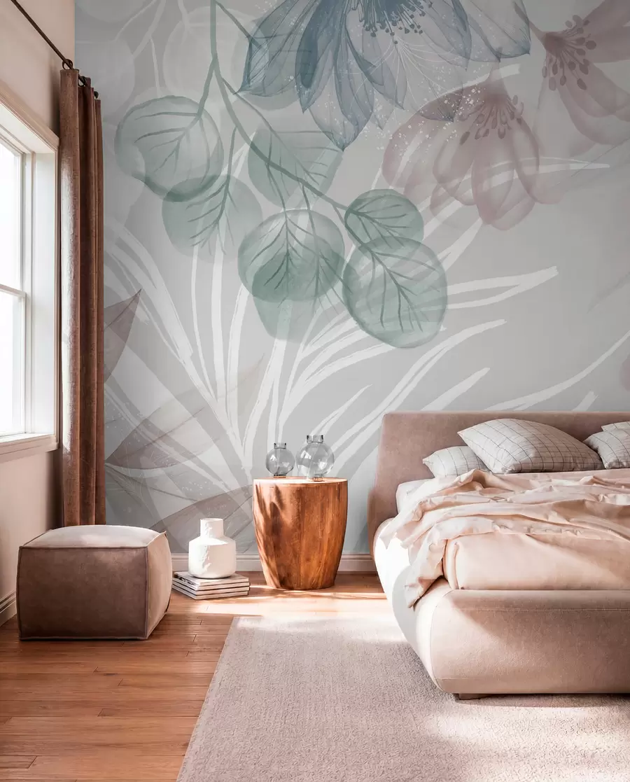 murais de parede Estampa floral em tons pastéis com grandes flores e folhas abstratas transparentes em tons de cinza, rosa e verde w08600