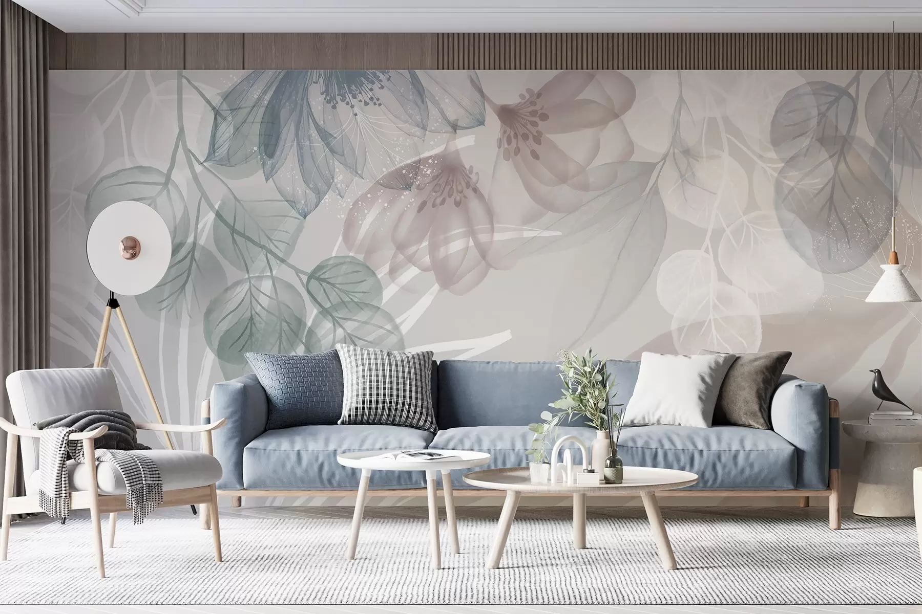 murais de parede Estampa floral em tons pastéis com grandes flores e folhas abstratas transparentes em tons de cinza, rosa e verde w08600