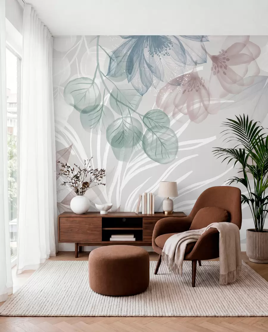 murais de parede Estampa floral em tons pastéis com grandes flores e folhas abstratas transparentes em tons de cinza, rosa e verde w08600