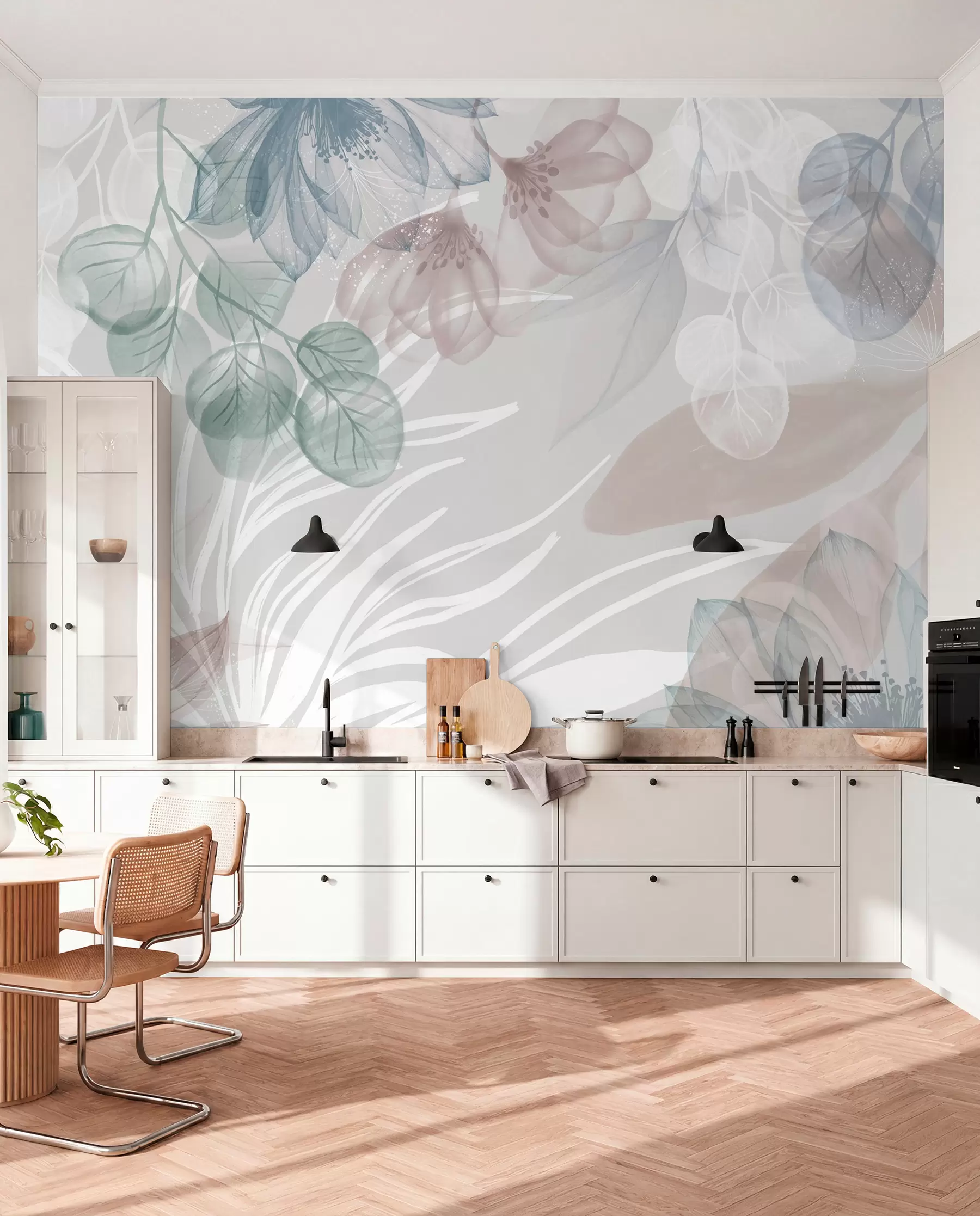 murais de parede Estampa floral em tons pastéis com grandes flores e folhas abstratas transparentes em tons de cinza, rosa e verde w08600
