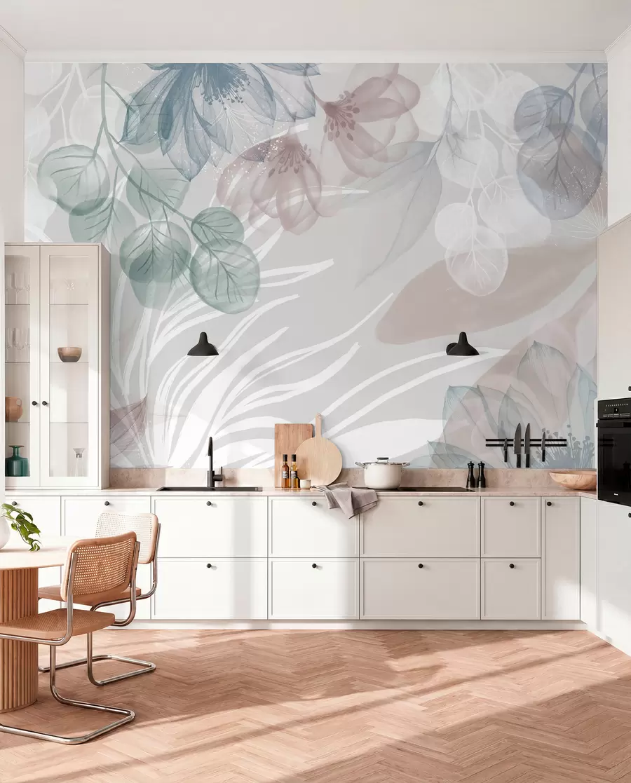 murais de parede Estampa floral em tons pastéis com grandes flores e folhas abstratas transparentes em tons de cinza, rosa e verde w08600