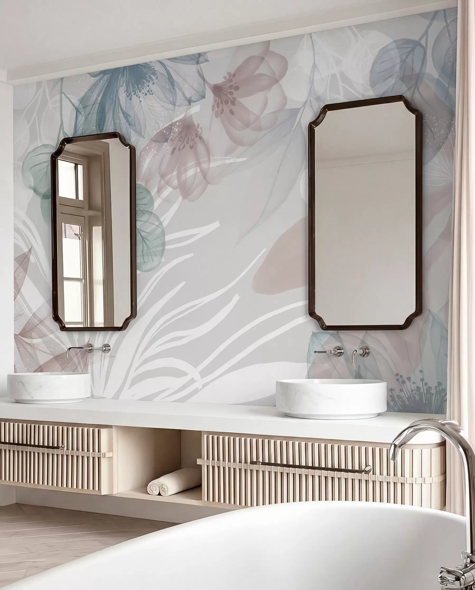 murais de parede Estampa floral em tons pastéis com grandes flores e folhas abstratas transparentes em tons de cinza, rosa e verde w08600