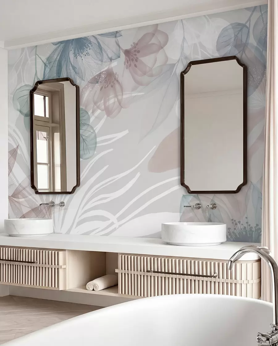 murais de parede Estampa floral em tons pastéis com grandes flores e folhas abstratas transparentes em tons de cinza, rosa e verde w08600