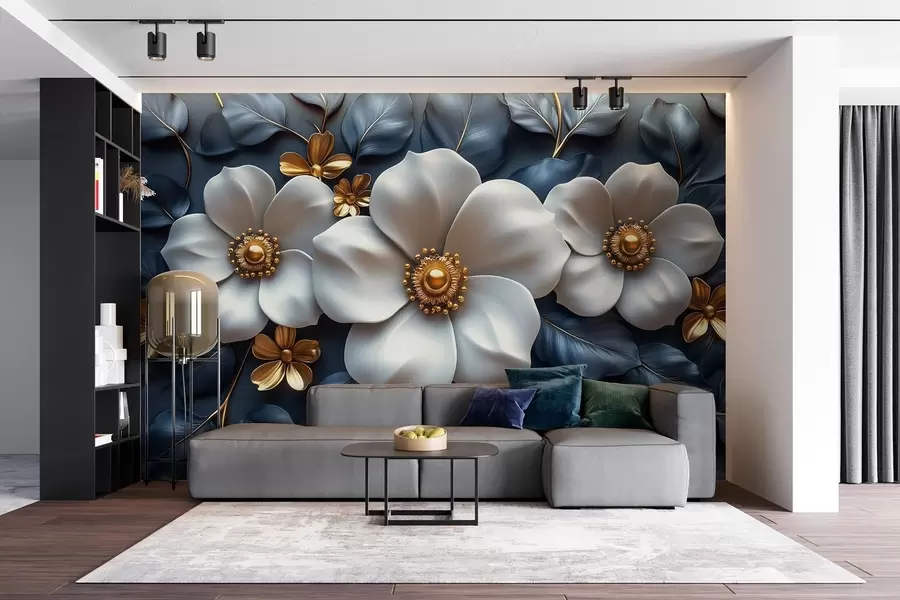 murais de parede Grandes flores brancas em um elegante fundo azul com folhas w08559
