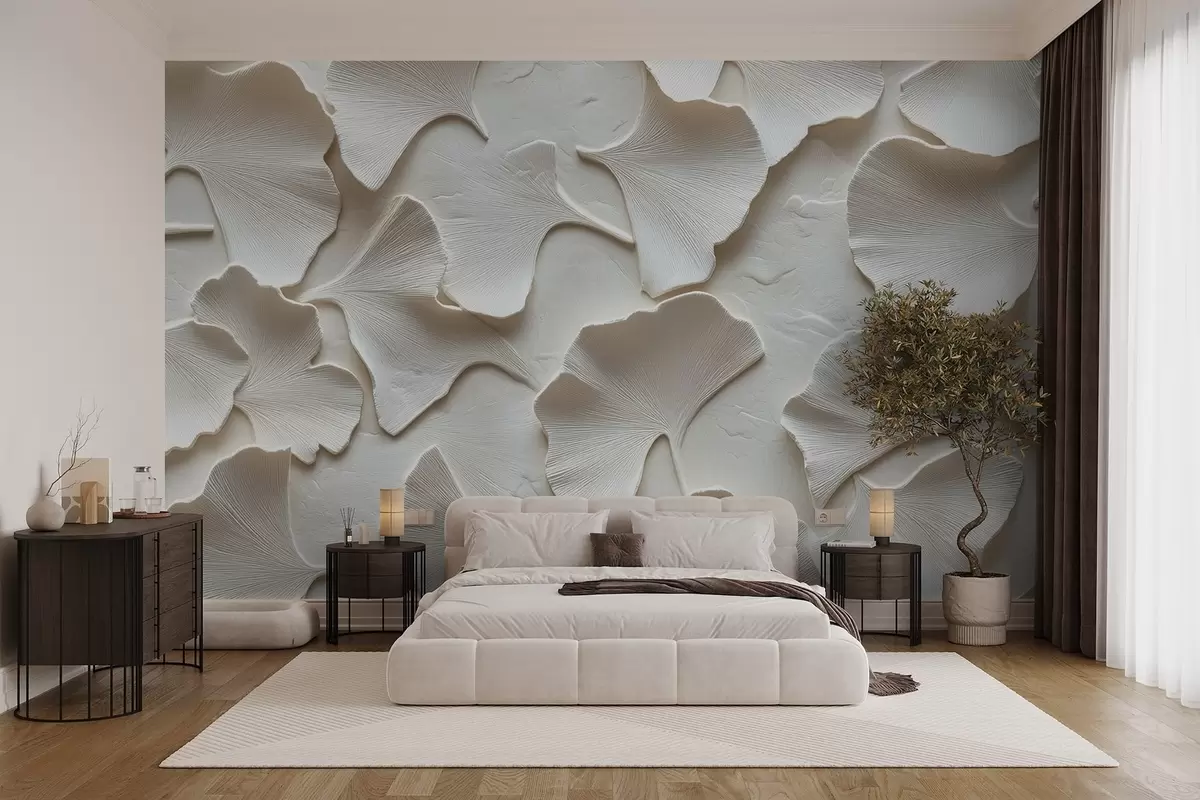 murais de parede Estuque com relevo delicado de folhas de ginkgo em um fundo branco w08560v1