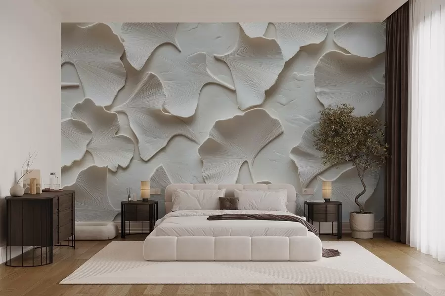 murais de parede Estuque com relevo delicado de folhas de ginkgo em um fundo branco w08560v1