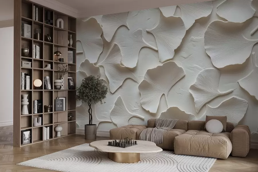 murais de parede Estuque com relevo delicado de folhas de ginkgo em um fundo branco w08560v1