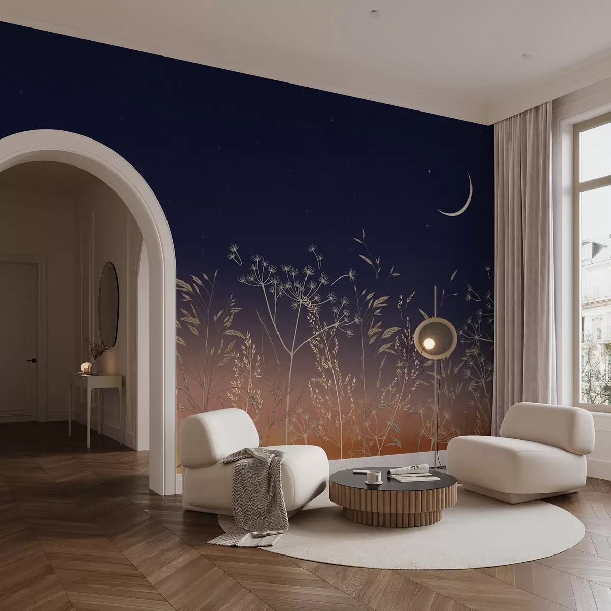 murais de parede Dente-de-leão com flores silvestres em um fundo de pôr do sol com céu azul e lua w08567