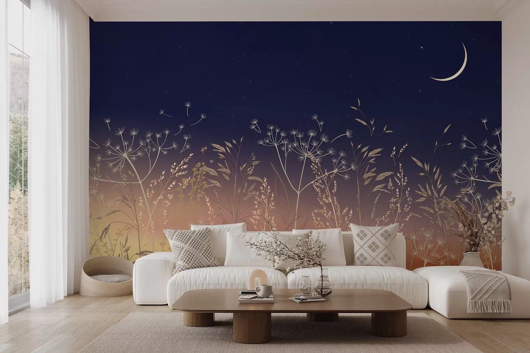 murais de parede Dente-de-leão com flores silvestres em um fundo de pôr do sol com céu azul e lua w08567