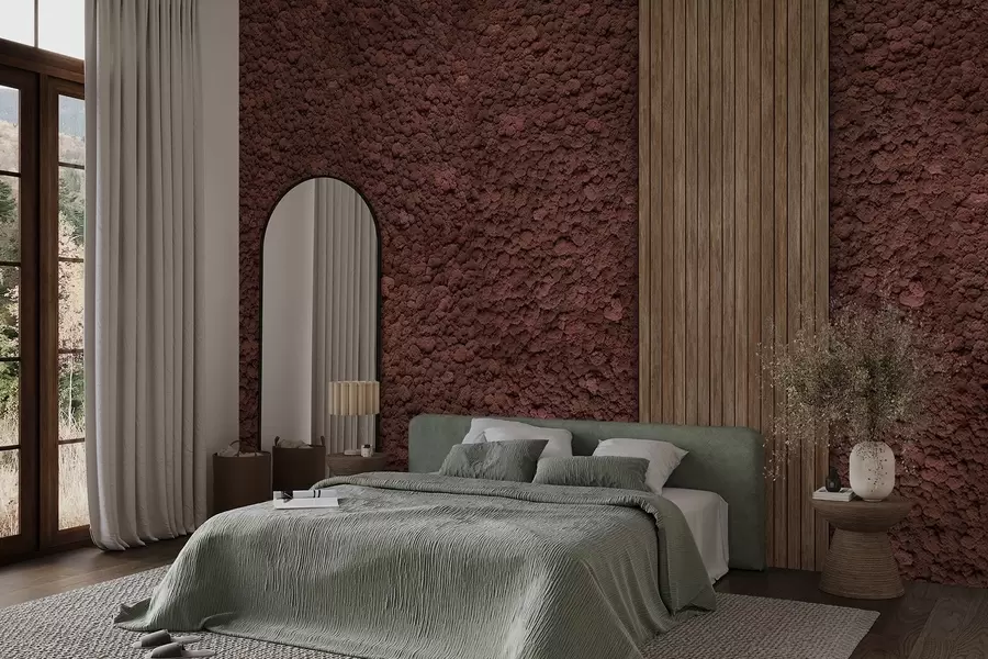 murais de parede Parede em estilo musgo com painel de madeira, cores exuberantes de vinho w02656v1