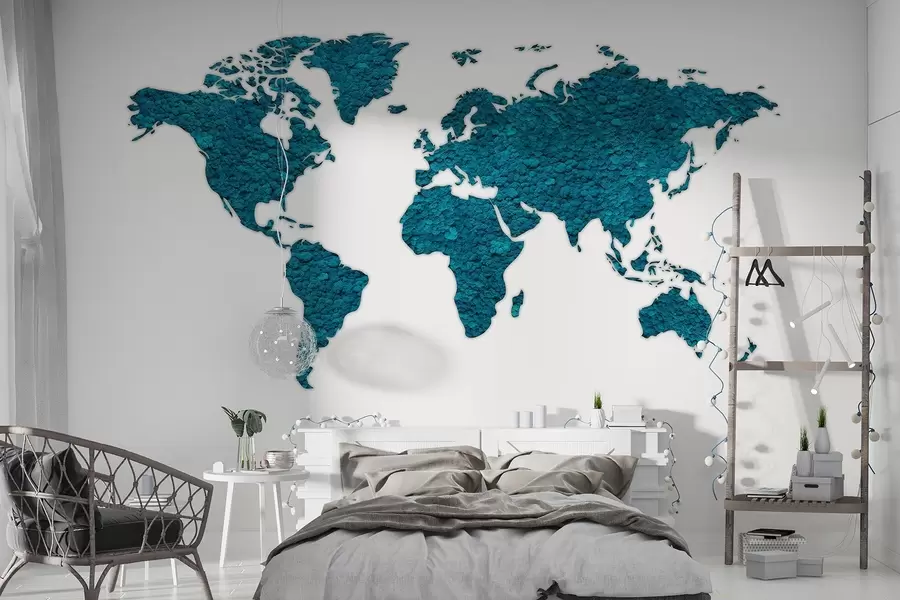 murais de parede Mapa-múndi com musgo, natureza, paleta de cores azul  w02657v1