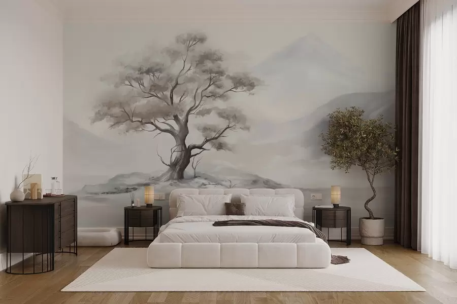 murais de parede Um desenho minimalista de uma árvore solitária e retorcida em uma paisagem desolada e rochosa com montanhas ao fundo  w08604